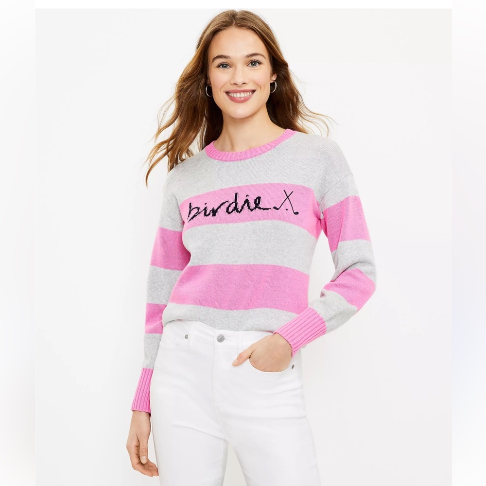 LOFT women’s Pink and Gray Striped Crew Neck “birdie” L golf cotton Sweater